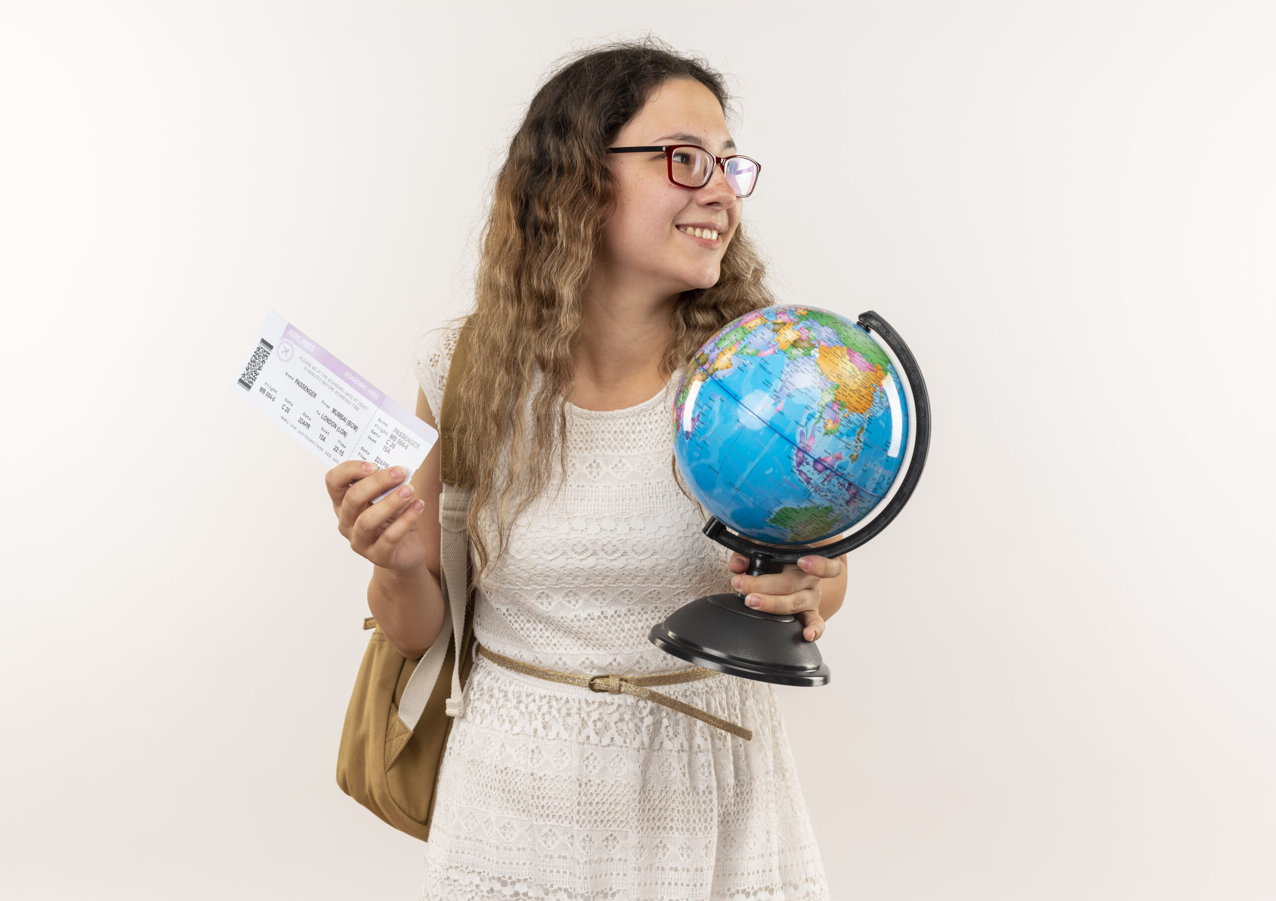 Women holding a globe and admission papers.