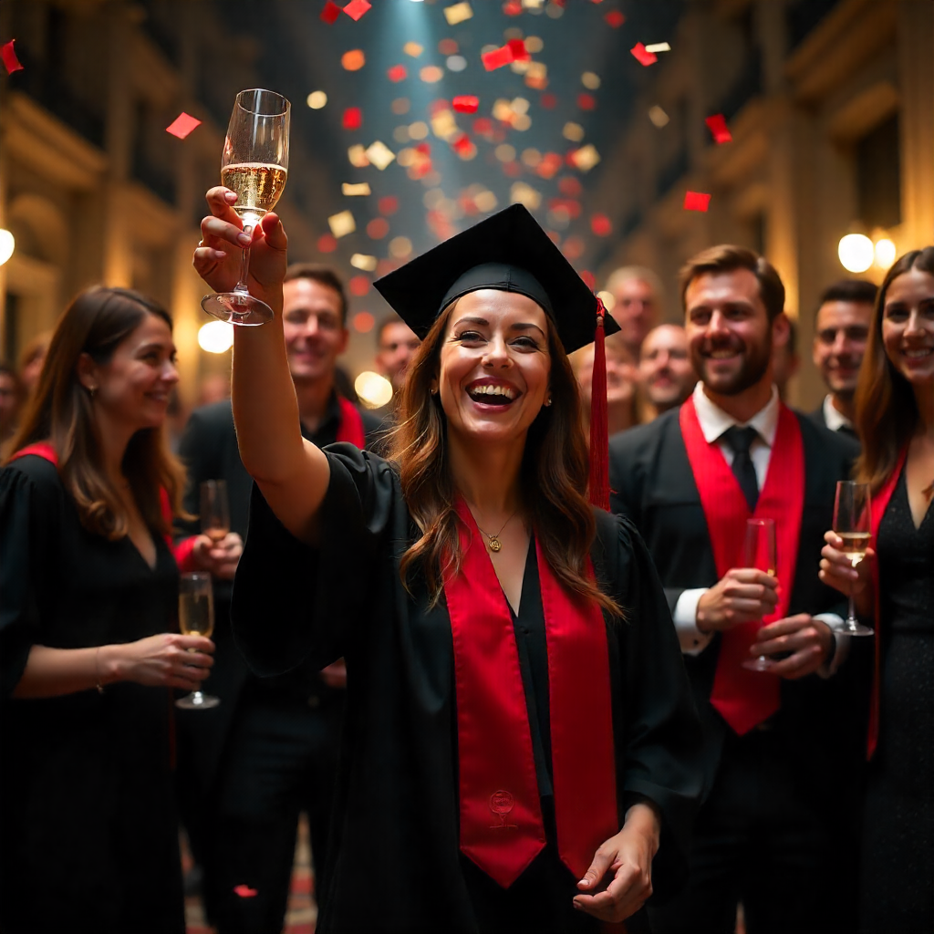 INSEAD MFin graduate celebrating success with classmates, champagne, confetti, evening.