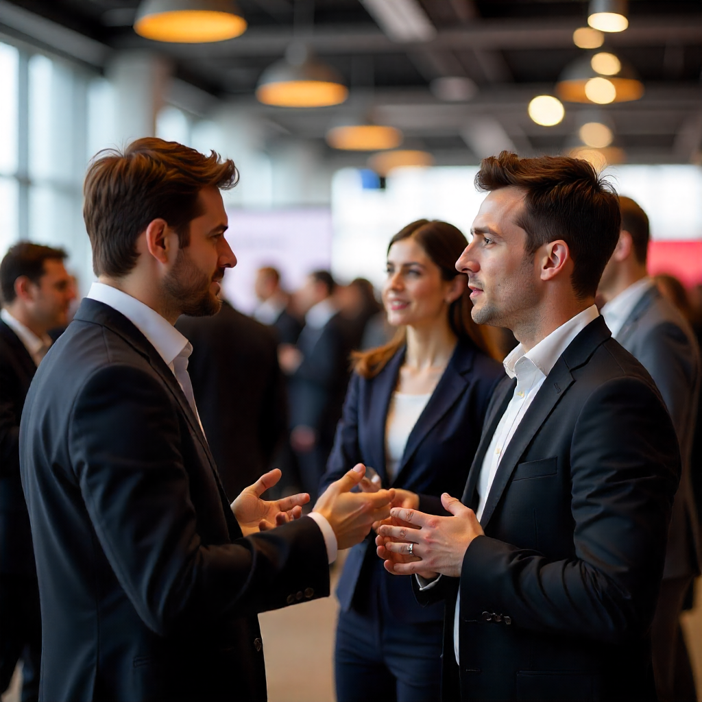 INSEAD MFin students networking at a career fair, professional attire, dynamic scene.